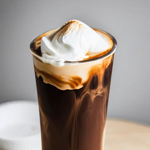 Image similar to close-up of nitro-cold-brew-coffee mixing with cream, perfect turbulence mixing cream-and-coffee, swirled, texture,