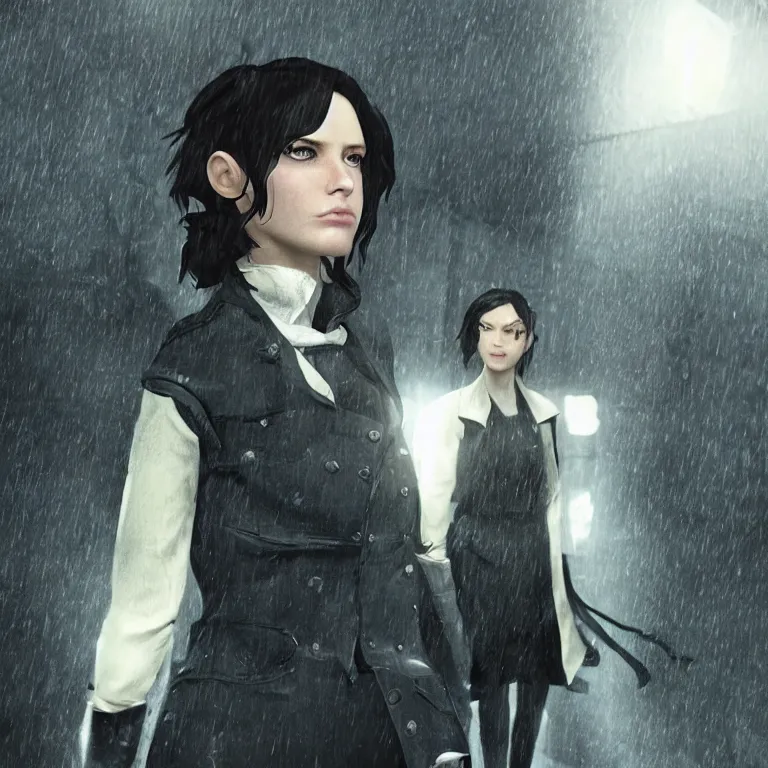 Image similar to cute emily from dishonored in dunwall city, beautiful face, pale skin, rule of thirds, cinematic lighting, rainy weather, melancholy atmosphere, sharp focus, backlit, stunning, model agency, smooth, hard focus, full body shot, instagram photo, shot on iphone 1 3 pro max, hyper realistic, cinematic