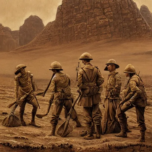 Image similar to ultra detailed photorealistic sepia - toned painting from 1 9 1 7, three british soldiers standing at an archaeological dig site in wadi rum, ultra realistic, painted, intricate details, lovecraft, atmospheric, dark, horror, brooding, highly detailed, by clyde caldwell