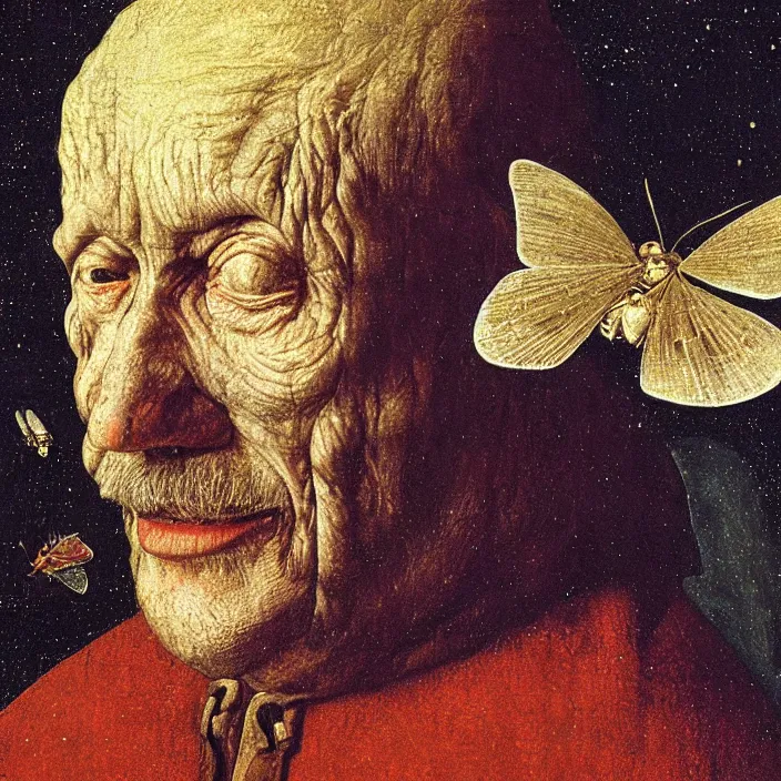 Image similar to close up portrait of a dying old man with moth. night with stars. jan van eyck