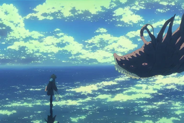 Prompt: painting of a dreamscape, a flying leviathan in the foreground, exterior wide shot, otherworldly and ethereal by kazuo oga in the anime film by studio ghibli, screenshot from the anime film by makoto shinkai