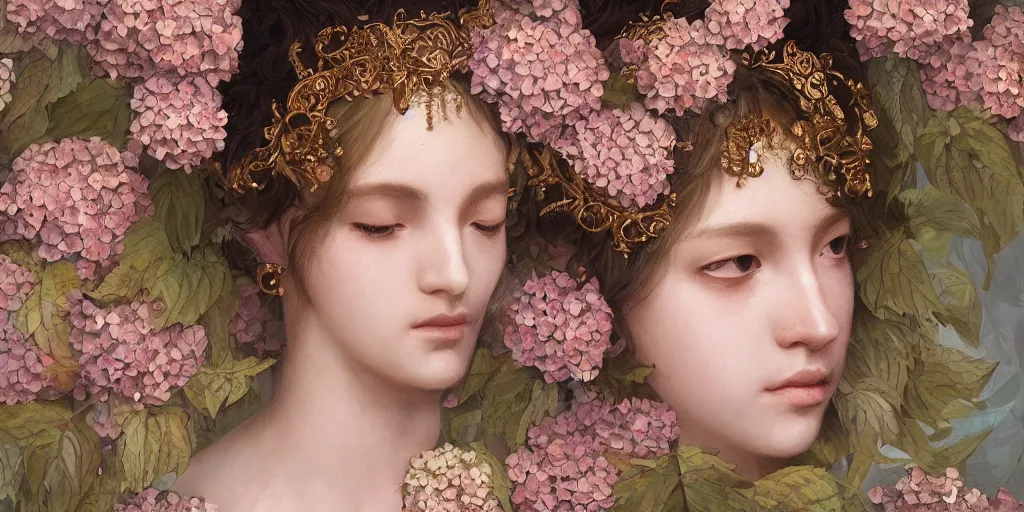 Prompt: breathtaking detailed concept art painting portrait of the goddess of hydrangea flowers, orthodox saint, with anxious piercing eyes, ornate background, amalgamation of leaves and flowers, by hsiao - ron cheng, extremely moody lighting, 8 k