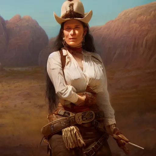 Image similar to a matte painting of the wild west woman, oil painting, pale colors, high detail, 8 k, wide angle, trending on artstation,