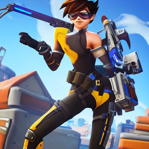 Image similar to Tracer from Overwatch as a fortnite skin,