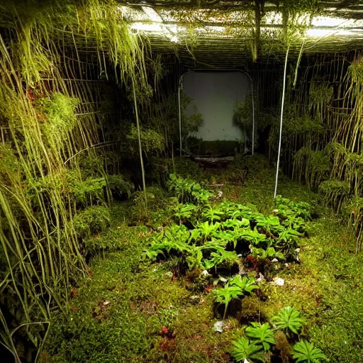 Image similar to abandoned, overgrown, underground bunker, room with mutated sundew plants, beautiful, underground