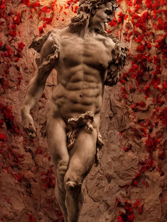 Prompt: a falling man in the form of a Greek sculpture Winged Victory of Samothrace. Gates of Hell by Auguste Rodin. bubbling red wax, super hero pose, skull, flowers, baroque. intricate. Trending on artstation. octane render, cinematic, hyper realism, octane render, 8k, depth of field, bokeh. iridescent accents. vibrant. teal and gold and red colour scheme
