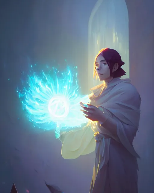 Image similar to highly detailed vfx portrait of a mage casting a light spell, unreal engine, greg rutkowski, loish, rhads, beeple, makoto shinkai and lois van baarle, ilya kuvshinov, rossdraws, tom bagshaw, alphonse mucha, global illumination, detailed and intricate environment