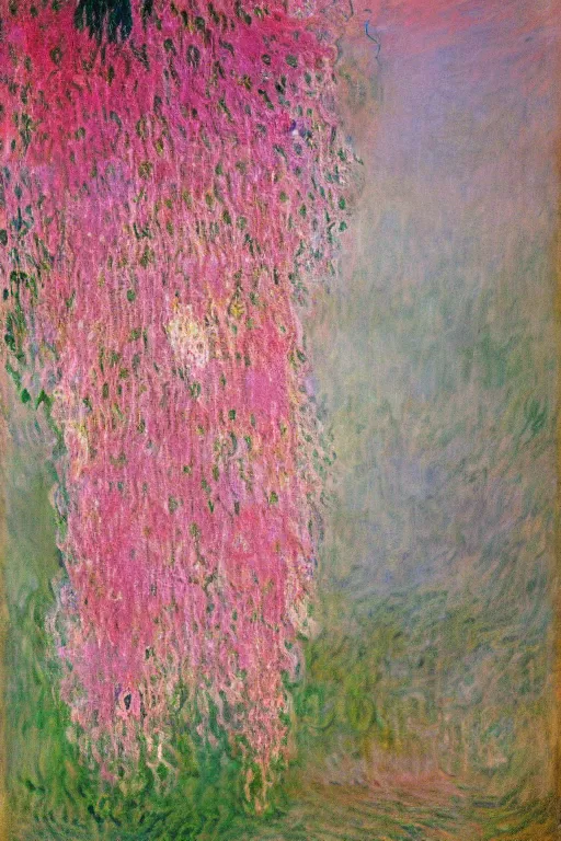 Image similar to a cluster of pink dripping clematis liquefying dripping with pink paint by claude monet by salvador dali, oil on canvas