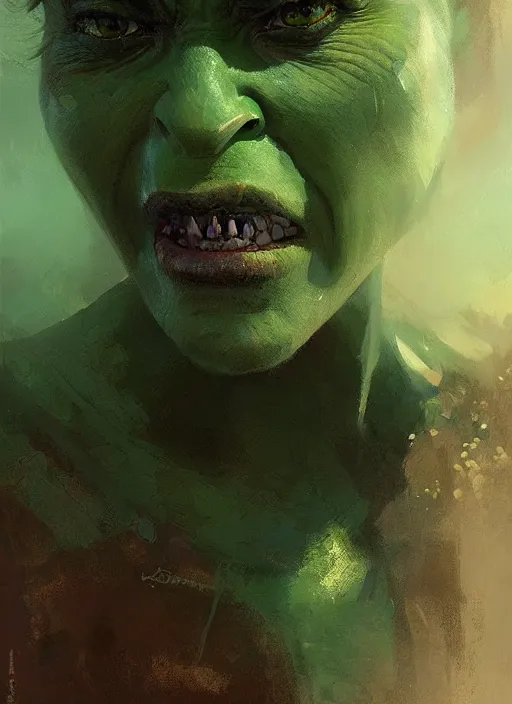 Prompt: green orc female, light green tone beautiful face, by jeremy mann, by greg rutkowski, digital painting