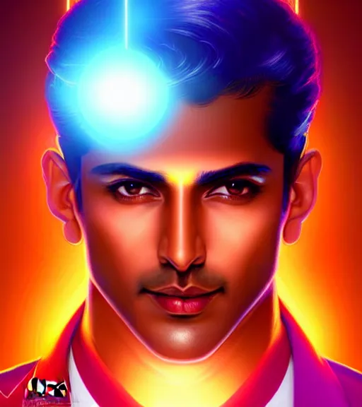 Image similar to symmetry!! indian prince of technology, solid cube of light, hard edges, product render retro - futuristic poster scifi, lasers and neon circuits, brown skin handsome indian prince, intricate, elegant, highly detailed, digital painting, artstation, concept art, smooth, sharp focus, illustration, dreamlike, art by artgerm