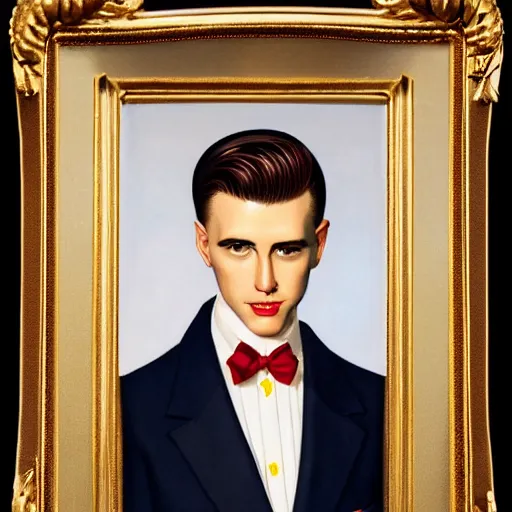 Prompt: full body portrait of a young handsome melancholic male leyendecker model with slicked back red hair, a symmetrical clean - shaven face and white eyes, wearing a white tuxedo jacket with a yellow popper flower in its lapel, symmetry, reflection, mirrors, myth of narcissus, perfectly symmetrical composition, rule of thirds, by pierre et gilles