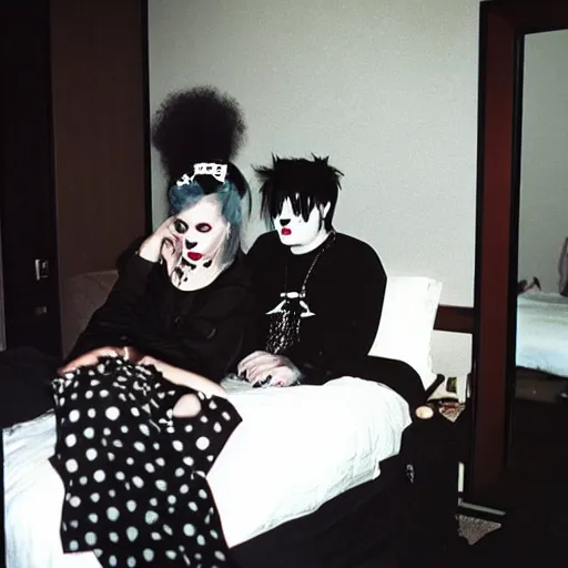 Image similar to sad goths hanging out in a hotel room, 1990s photograph