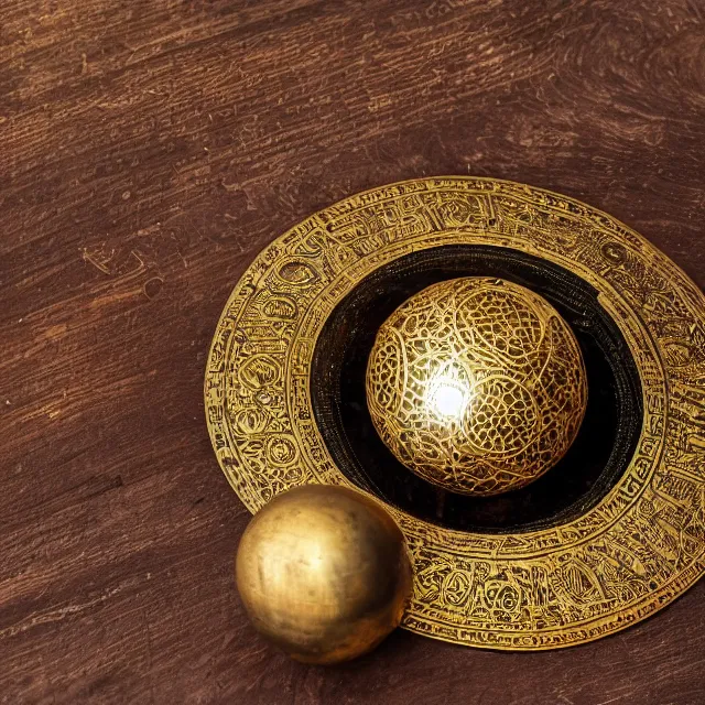 Prompt: a dramatically lit photo of an ancient, powerful brass and gold artifact round ball spherical astrolabe liahona artifact sitting on a wooden table. the intricate, metal lace, detailed ball is covered in dials and ancient egyptian markings, glowing powerfully with a yellow light from within