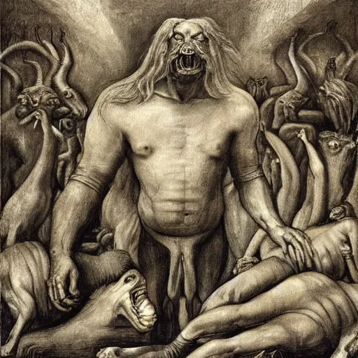 Image similar to king of the beasts 666, by Odd Nerdrum, by Francisco Goya, by M.C. Escher, fairy-tale illustration style, very detailed, colorful, beautiful, eerie, surreal, psychedelic