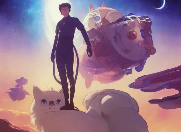 Prompt: a space handsome gay guys and their 1 0 pet space cats staring role in a musical sci - fi space opera ghibli animated film, volumetric lighting, octane render by stanley artgerm lau, greg rutkowski, thomas kindkade, alphonse mucha, loish, norman rockwel, 8 k greg rutkowski