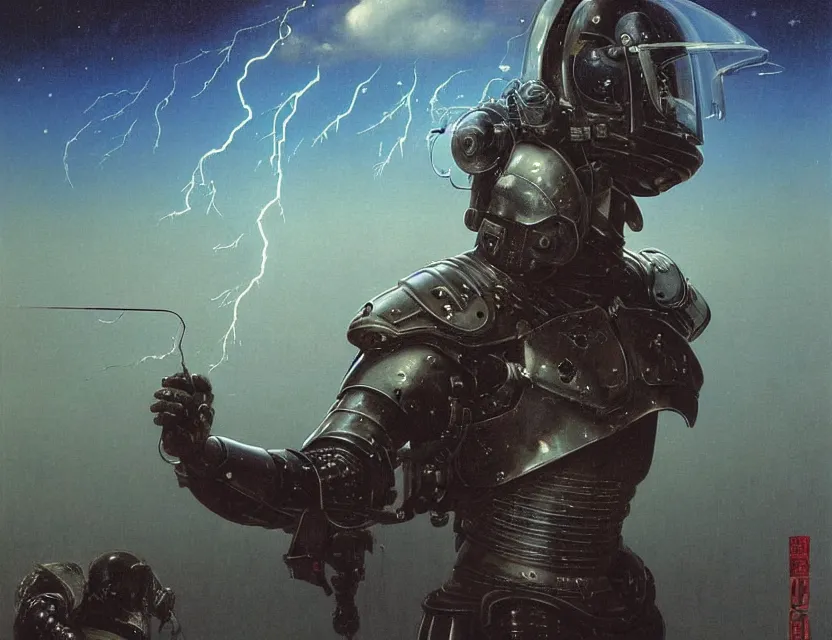 Image similar to a detailed portrait painting of a bounty hunter in combat armour and visor. cinematic sci-fi poster. Flight suit and wires, accurate anatomy. Samurai influence, fencing armour. portrait symmetrical and science fiction theme with lightning, aurora lighting. clouds and stars. Futurism by beksinski carl spitzweg moebius and tuomas korpi. baroque elements. baroque element. intricate artwork by caravaggio. Oil painting. Trending on artstation. 8k