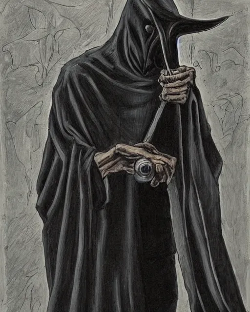 Prompt: a man in black hooded robes holding a plague doctor mask in hand, detailed art by greg rukowtski