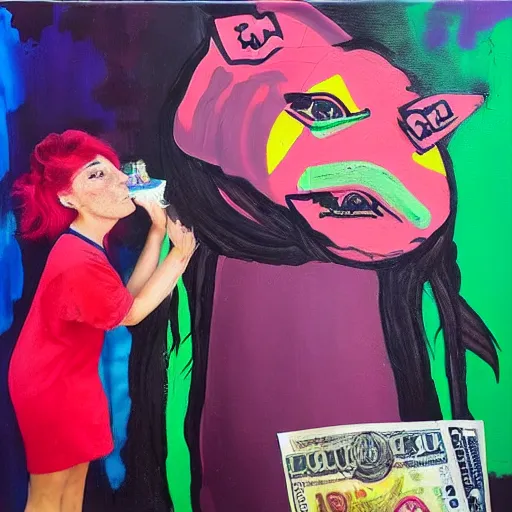 Image similar to “tall queer woman with long pink hair and a tall emo girl feeding Australian $50 notes to a weedy pig, capitalism, acrylic and spray paint and oilstick on canvas, neoexpressionism”