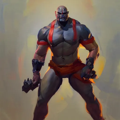 Image similar to greg manchess portrait painting of drax the destroyer as overwatch character, medium shot, asymmetrical, profile picture, organic painting, sunny day, matte painting, bold shapes, hard edges, street art, trending on artstation, by huang guangjian and gil elvgren and sachin teng