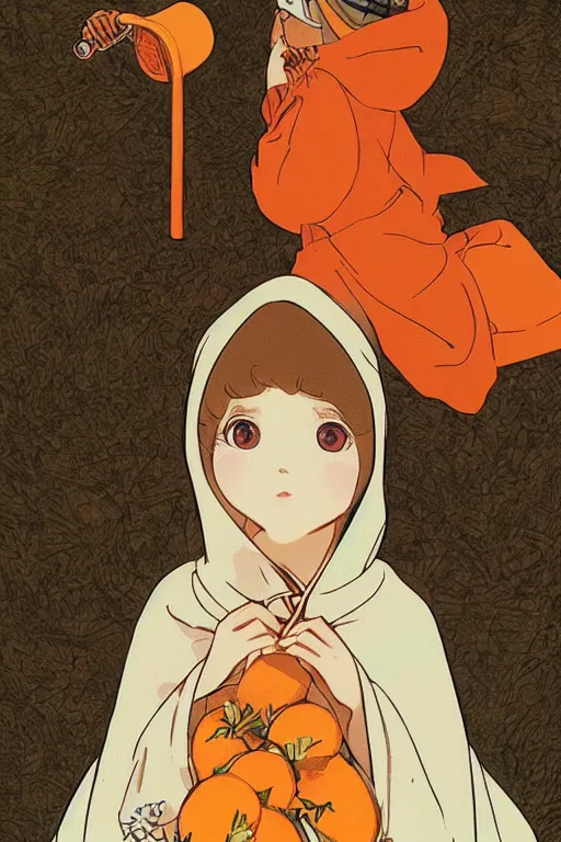 Image similar to a Girl in a large hood sitting on the ground and there have orange slices and album and Microphone around her,Visual Communication Design by studio ghibli and mucha ,Refreshing colour