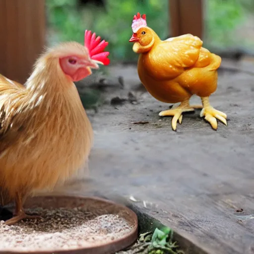 Image similar to a light downed baby chick is standing beside a rooster and a tiny birthday cake