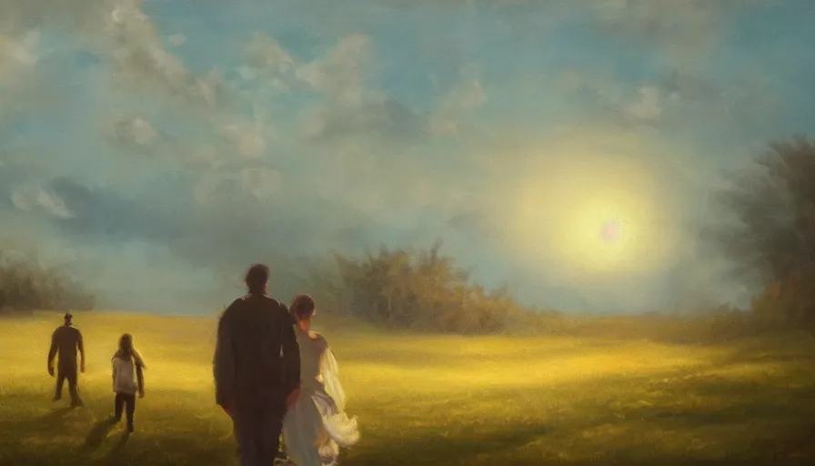 Image similar to oil painting, happy lovers leaving together, she is carressing him, walking towards the full moon, cinematic lighting, wow, establishing shot