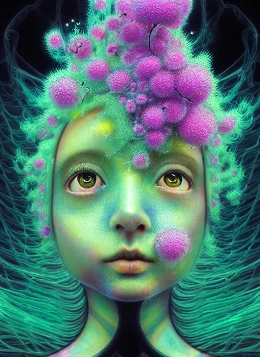 Image similar to hyper detailed 3d render like a Oil painting - kawaii portrait Aurora (black haired Fae) seen Eating of the Strangling network of yellowcake aerochrome and milky Fruit and Her delicate Hands hold of gossamer polyp blossoms bring iridescent fungal flowers whose spores black the foolish stars by Jacek Yerka, Mariusz Lewandowski, Houdini algorithmic generative render, Abstract brush strokes, Masterpiece, Edward Hopper and James Gilleard, Zdzislaw Beksinski, Mark Ryden, Wolfgang Lettl, hints of Yayoi Kasuma, octane render, 8k