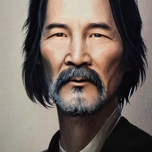 Prompt: portrait painting of a 6 0 year old kind handsome taoist priest ， looks like keanu reeves ， silver ponytail hair, amiable by yangjun chen, nadar, bright colors, octopath traveler, unreal engine 5 highly rendered, global illumination, radiant light, detailed and intricate environment