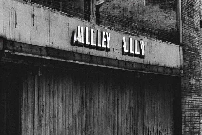 Prompt: weathered analog photo of a downtown alley with a watch repair shop, us architecture, concrete, neon lights, filmgrain, depth of field, darkness, shadows, grey, color bleed, heavy film grain