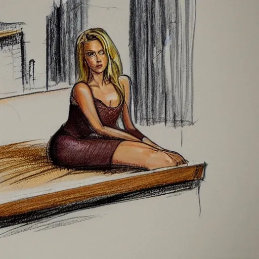 Image similar to courtroom sketch of amber heard squatting on top of a bed, a brown object is underneath her