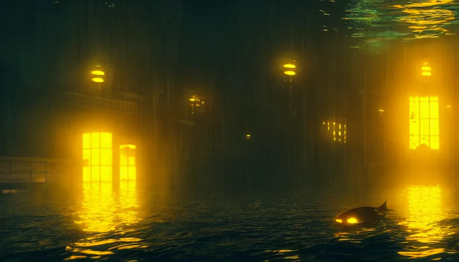 Image similar to a city underwater, landscape shot, small fish swimming around, yellow lights, by jmw turner, cold colors, highly detailed, moody lighting, bioshock style, octane render, 4 k, 8 k, ultrarealistic