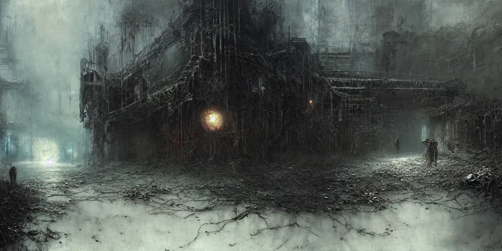 Image similar to lost and alone in an industrial wasteland by gustave dore and gustave moreau and beksinski and giger and craig mullins and jeremy mann