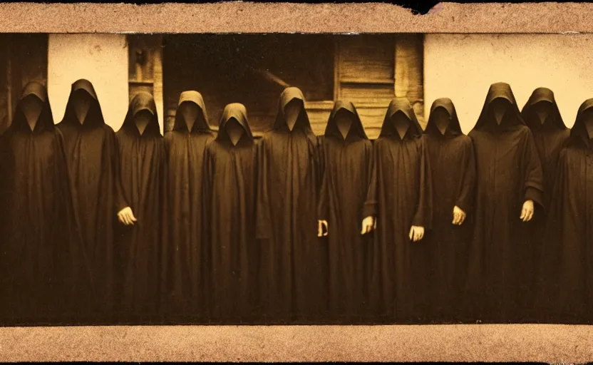 Image similar to a old daguerreotype photo of a group of cultists, wearing robes, wearing hoods, on a pilgrimage to hell, grainy, old photo, golden ratio, scary, horror photography, 5 0 mm lens, f 1. 8