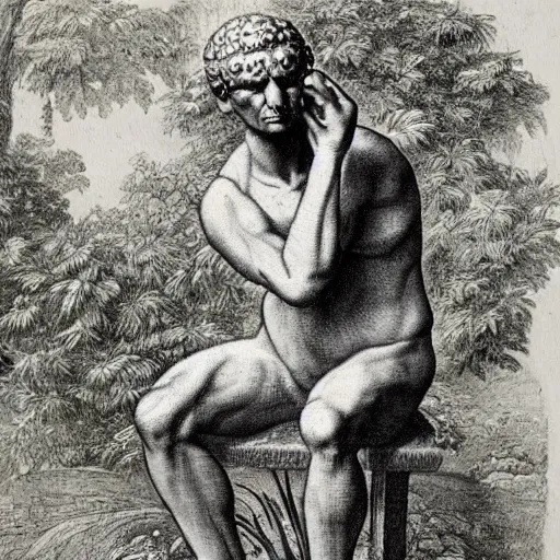 Image similar to botanical sketch, The thinker sculpture, in the style of William Bartram with mushrooms and peyote at the base, high detail, b&w,