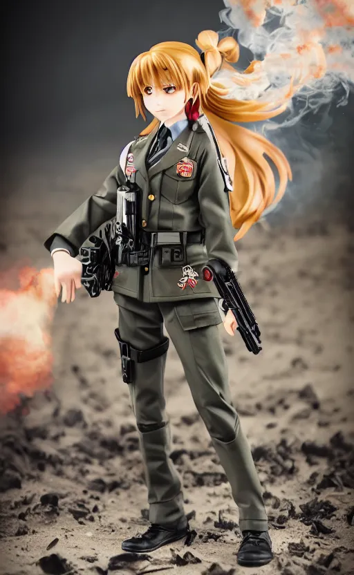 Prompt: toy photo, school uniform, portrait of the action figure of a girl, anime character anatomy, girls frontline universe, collection product, dirt and smoke background, flight squadron insignia, realistic military gear, 70mm lens, round elements, photo taken by professional photographer, trending on instagram, symbology, 4k resolution, low saturation, realistic sks carbine, realistic military carrier