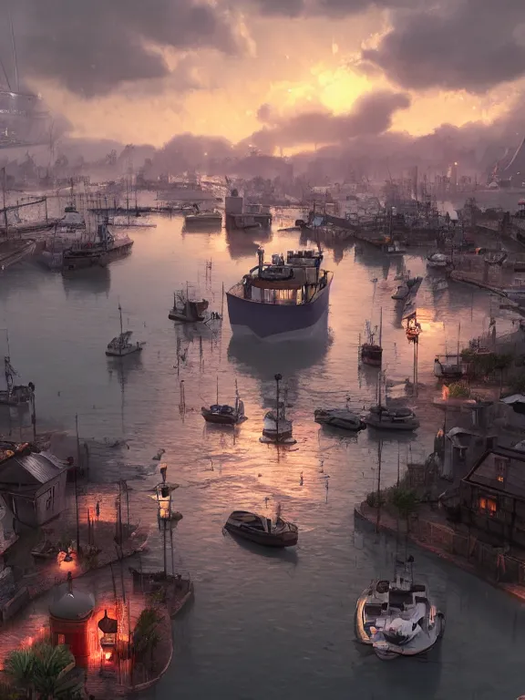 Prompt: photo of 8k ultra realistic harbour, port, boats, heavy rain, , night, full of colour, cinematic lighting, battered, trending on artstation, 4k, hyperrealistic, focused, extreme details,unreal engine 5, cinematic, masterpiece, art by studio ghibli