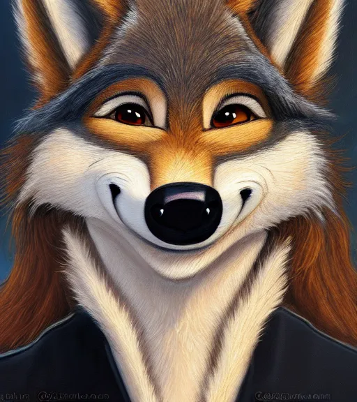 Image similar to oil painting headshot of anthromorphic female wolf, in style of zootopia, zootopia, zootopia, fursona, furry, furaffinity, 4 k, deviantart, furry art, fursona art, wearing black business suit, business suit, in style of zootopia, wolf fursona, cyberpunk, female, expressive detailed feminine face,