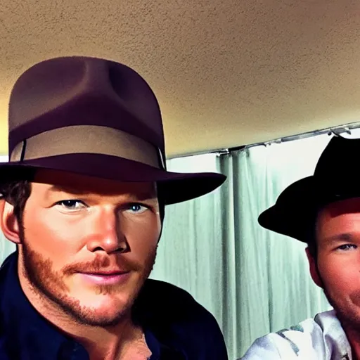 Image similar to chris pratt as indiana jones together with harrison ford, instagram, cinematic, natural lighting, genuine smile