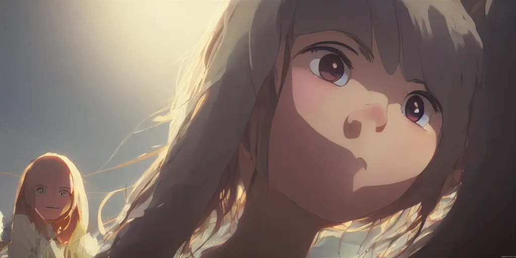 Prompt: a girl with a happy face wakes up in the morning, close up shot from the top, anime art, Greg Rutkowski, studio ghibli, dramatic lighting