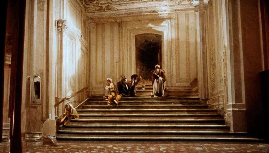 Image similar to movie still by tarkovsky of caligula knifed to death by senators on huge stairs, cinestill 8 0 0 t 3 5 mm, high quality, heavy grain, high detail, dramatic light, ultra wide lens, anamorphic