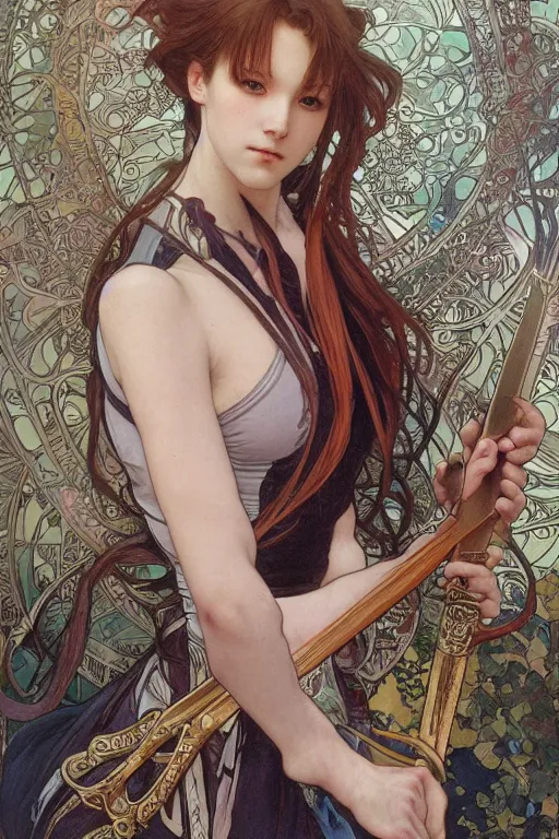 Prompt: realistic detailed painting of Victor Nikiforov anime character with a training sword in hand, painted by Alphonse Mucha, Ayami Kojima, Amano, Charlie Bowater, Karol Bak, Greg Hildebrandt, Jean Delville, and Mark Brooks, Art Nouveau, Neo-Gothic, intricate complexity, gothic, rich deep colors