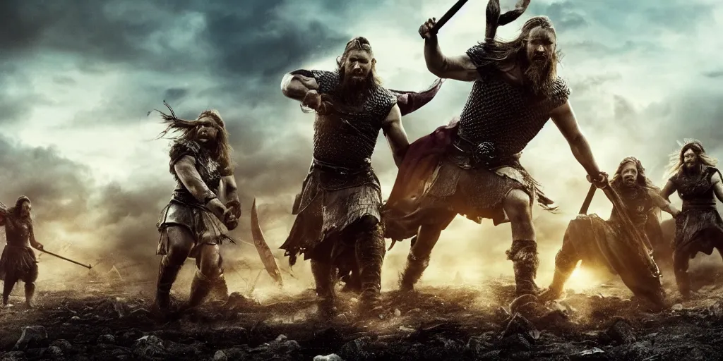 Image similar to epic battle scene Vikings versus aliens, the last stand, Epic Background, highly detailed, sharp focus, 8k, 35mm, cinematic lighting