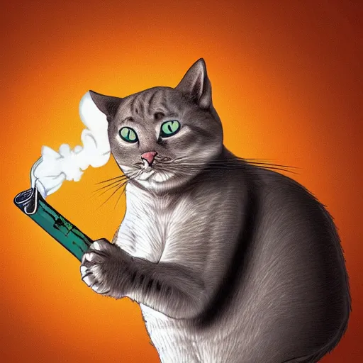 Prompt: an anthropomorphic cat smoking a fat joint, stunning digital art, highly detailed masterpiece