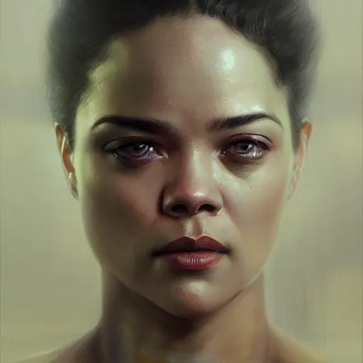 Image similar to tessa thompson, hyperrealistic portrait, bladerunner street, art of elysium by jeremy mann and alphonse mucha, fantasy art, photo realistic, dynamic lighting, artstation, poster, volumetric lighting, very detailed face, 4 k, award winning