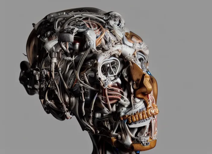 Prompt: a bust sculpture of anatomical cyborg, ceramic base, studio lighting