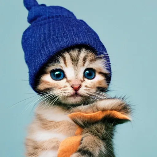 Prompt: small kitten wearing a beanie, cute, adorable, 4 k, detailed, coherent