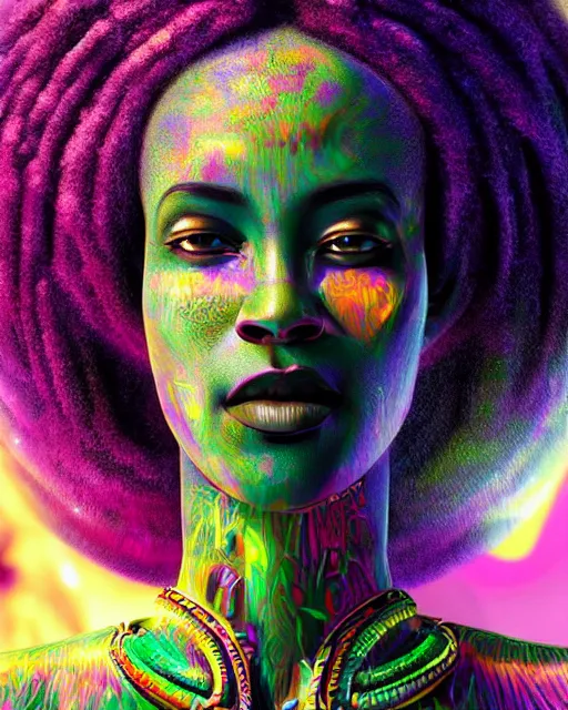 Image similar to a powerful energy psychedelic matrix african woman, by alexander fedosav, hyper detailed digital matte painting, concept art, hyperrealism, 1 6 k resolution, cinema 4 d, 8 k resolution, trending on artstation, behance hd, a masterpiece, by stephan martiniere, particles, cel - shaded, power bright neon energy, by david a. hardy,