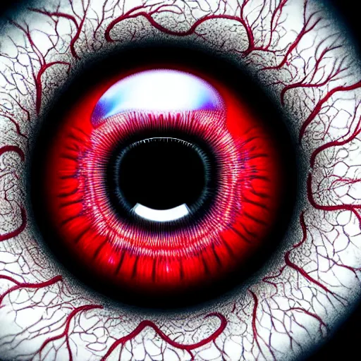 Image similar to a detailed extremely close up of inside the iris, cornea, red image, microscopic, extremely close up drawing by junji ito, cgsociety, generative art, lovecraftian, parallax, cosmic horror, extremely detailed, hyperrealism, unreal engine, octane render, award winning, masterpiece, highly detailed, realistic, 4 k, digital