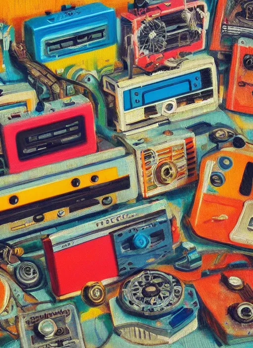 Prompt: happy on the shore. cassette era technology, vintage shapes, retro technology, happy color, wayne barlow, oil on canvas, deep depth field, masterpiece, cinematic composition, hyperdetailed
