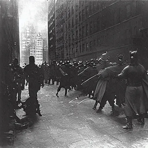 Prompt: old black and white photo, 1 9 1 3, depicting batman fighting bad guys in an ally of new york city, rule of thirds, historical record